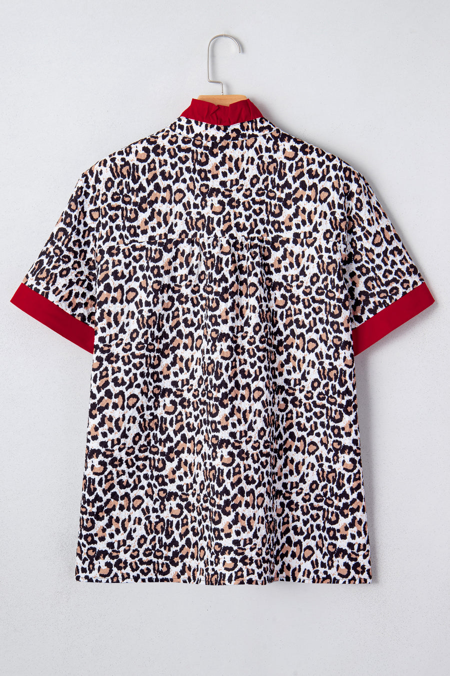 Leopard Print Contrast Frilled V-Neck Button-Up Blouse
