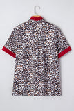 Leopard Print Contrast Frilled V-Neck Button-Up Blouse