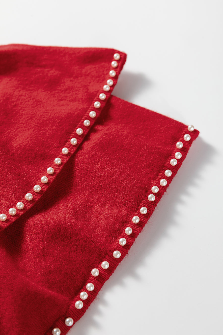 Red Pearl Embellished Double Ruffle Short Sleeve Sweater