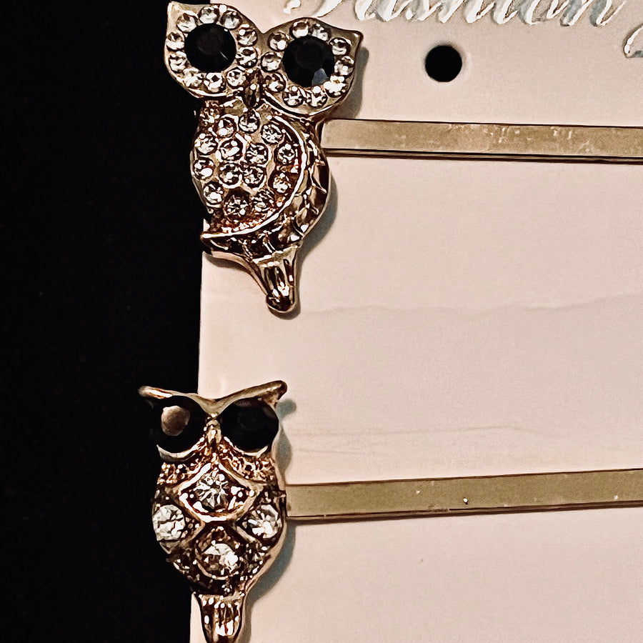 Gold and Rhinestone Owl Hair Pins