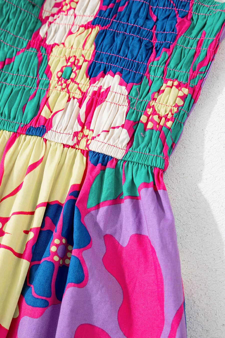 Multicolored Tropical Floral Print Shirred Spaghetti Strap Loose Maxi Dress