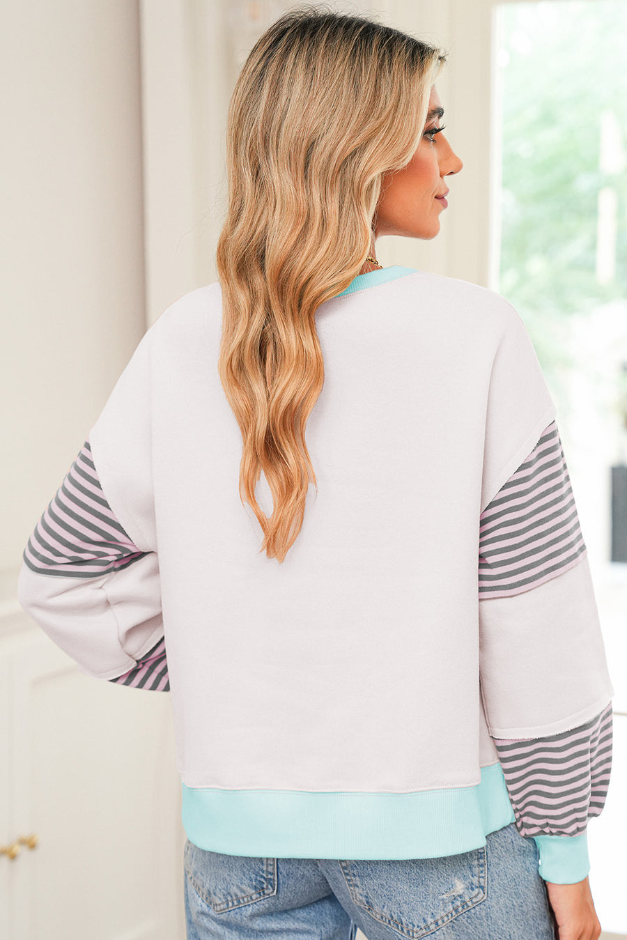 Color Block Patchwork Striped Sleeve Sweatshirt- 3 Colors