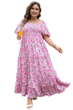 Plus Size Pink Floral Smocked Puff Sleeve Maxi Dress