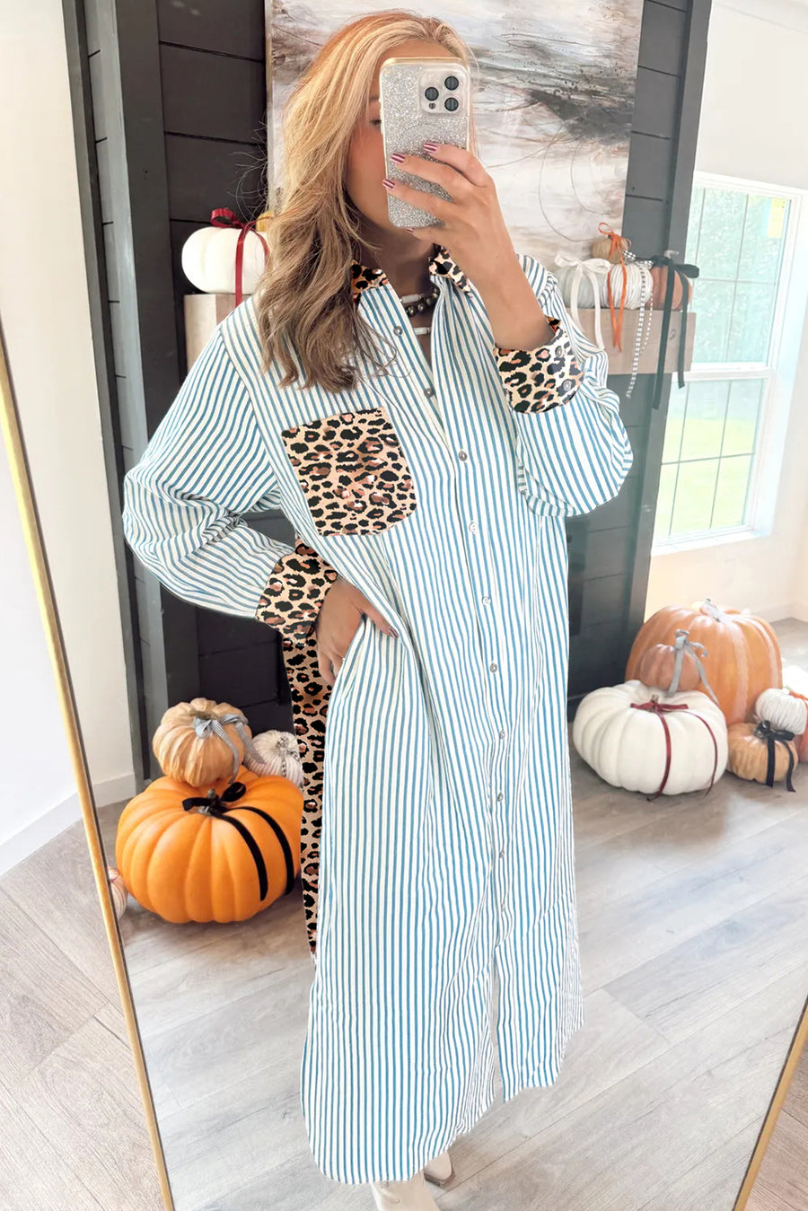 Striped Contrast Trim Leopard Patchwork Long Sleeve Midi Shirt Dress- 2 Colors