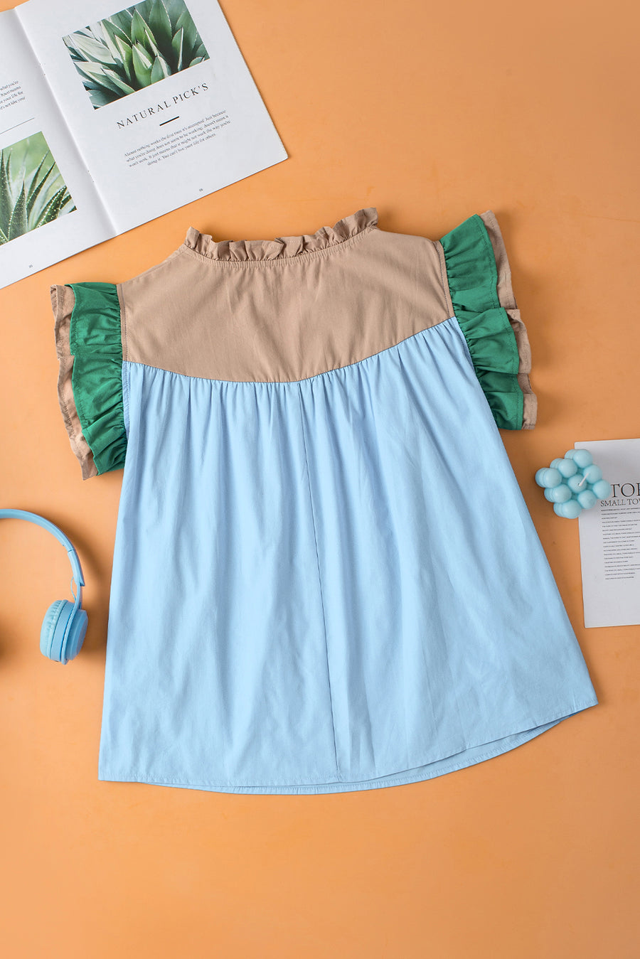 Sky Blue Color Block Ruffled Sleeve Frill V-Neck Short Sleeve Blouse