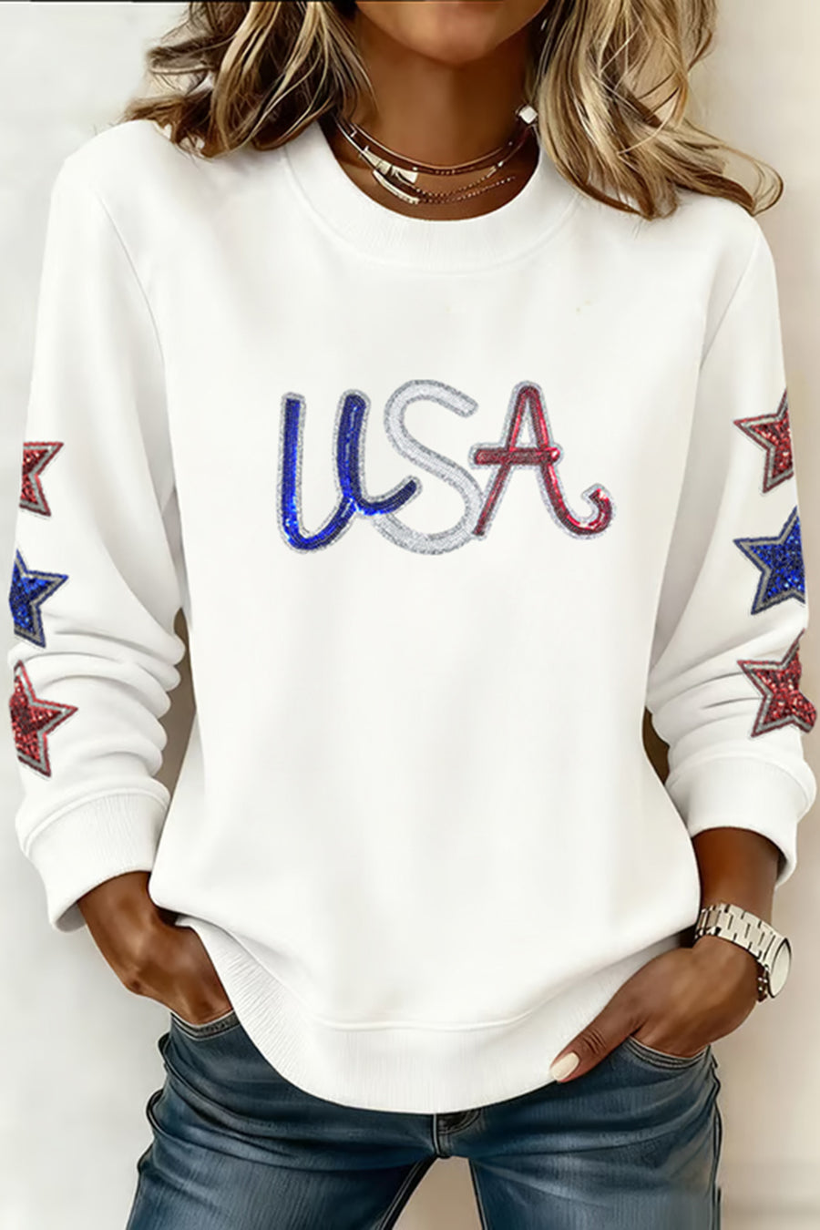 White Sequin USA Star Patch Sleeves Relaxed Fit Sweatshirt