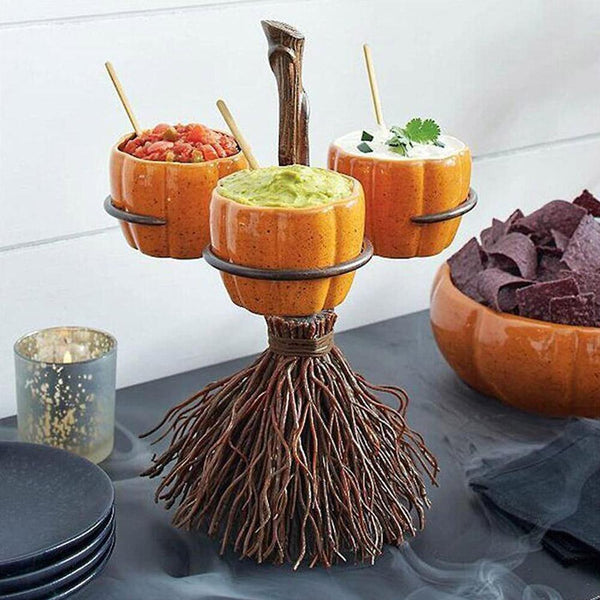 Halloween Broom Pumpkin Snack Bowl Display- 4 Sizes