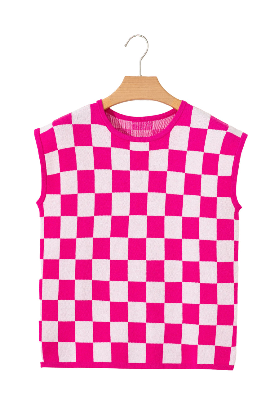 Fuchsia Checkered Pattern Cap Sleeve Knit Top