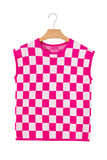 Fuchsia Checkered Pattern Cap Sleeve Knit Top