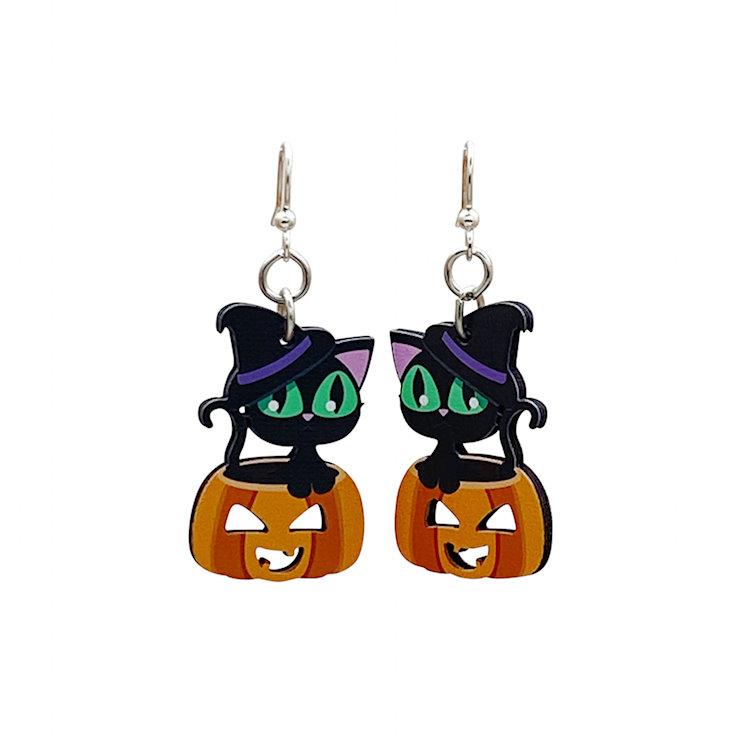 Cute Halloween Black Cat in Pumpkin Earrings