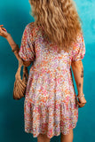 Multicolored Floral Print Notched V-Neck Puff Sleeve Tiered Mini Dress