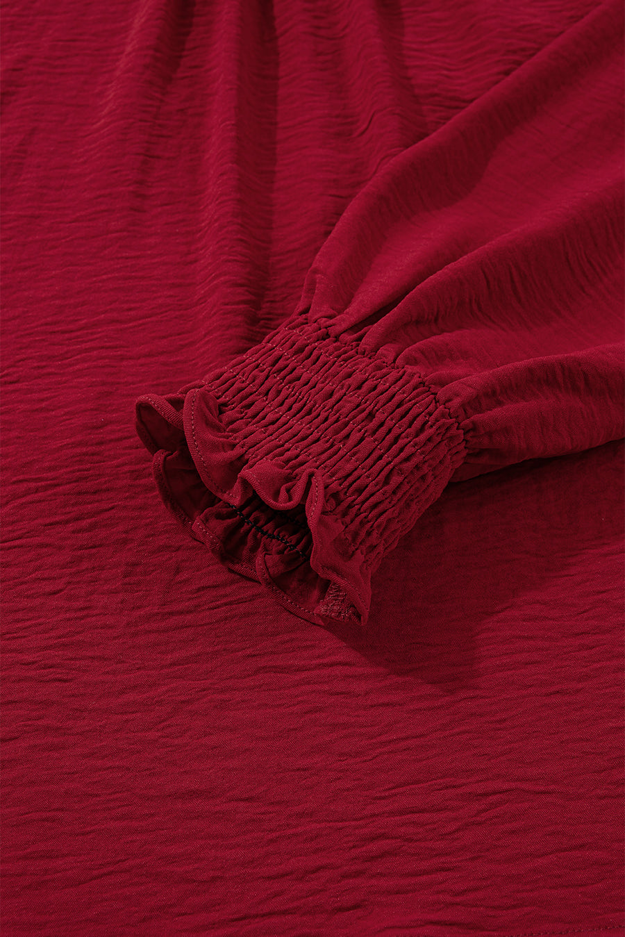 Burgundy Notched Neck Shirred Cuffs Long Sleeve Blouse