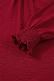 Burgundy Notched Neck Shirred Cuffs Long Sleeve Blouse
