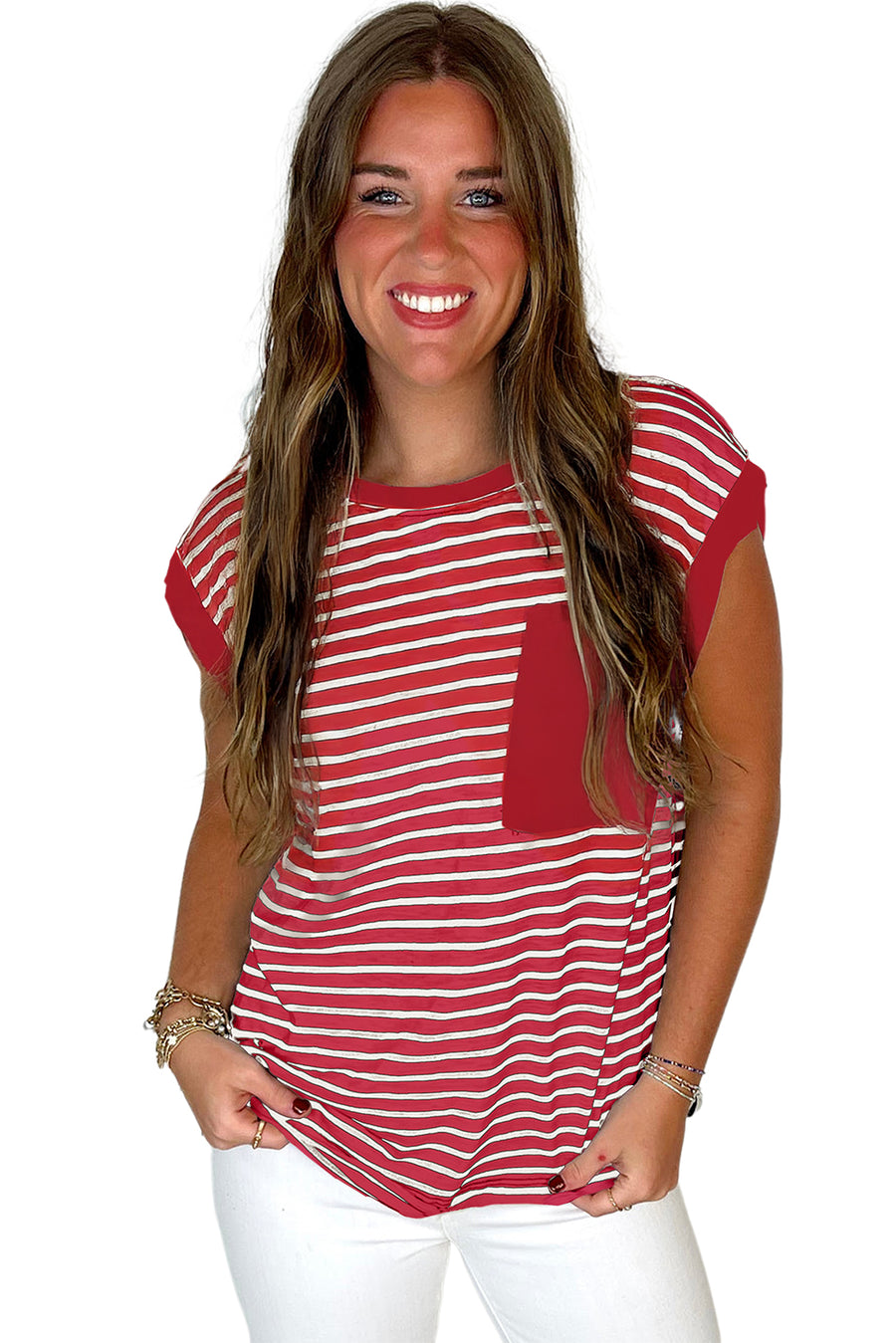 Striped Chest Pocket Crew Neck Muscle Tee- 2 Colors