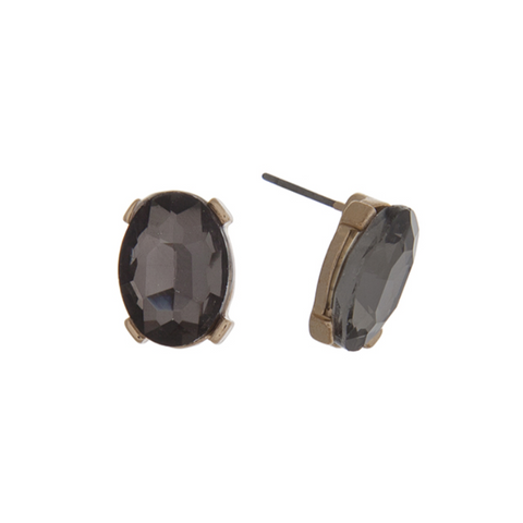 Gold Tone Oval Rhinestone Post Earrings- Black Diamond