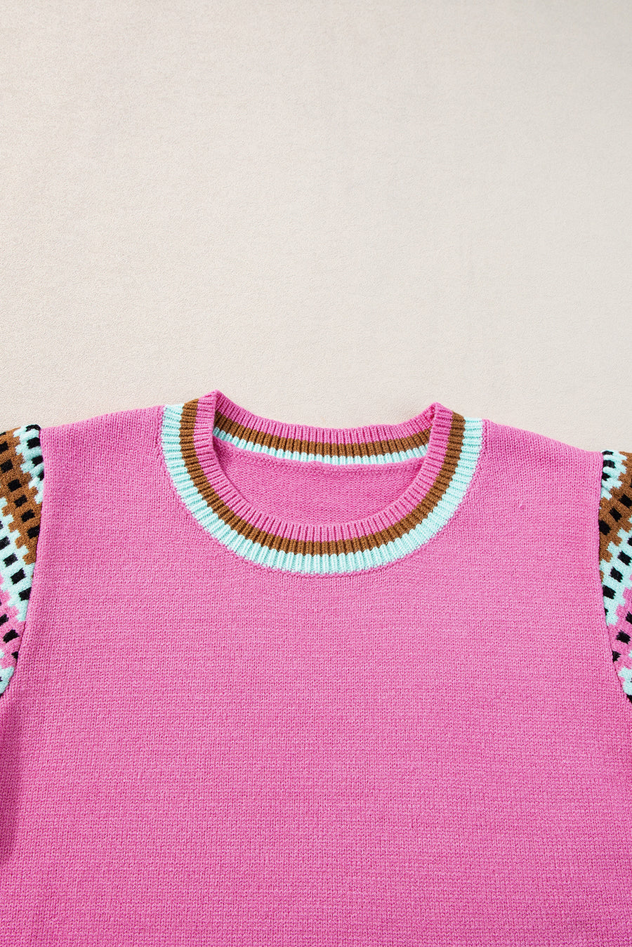 Bright Pink Square Stripes Crew Neck Short Sleeve Sweater