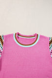 Bright Pink Square Stripes Crew Neck Short Sleeve Sweater
