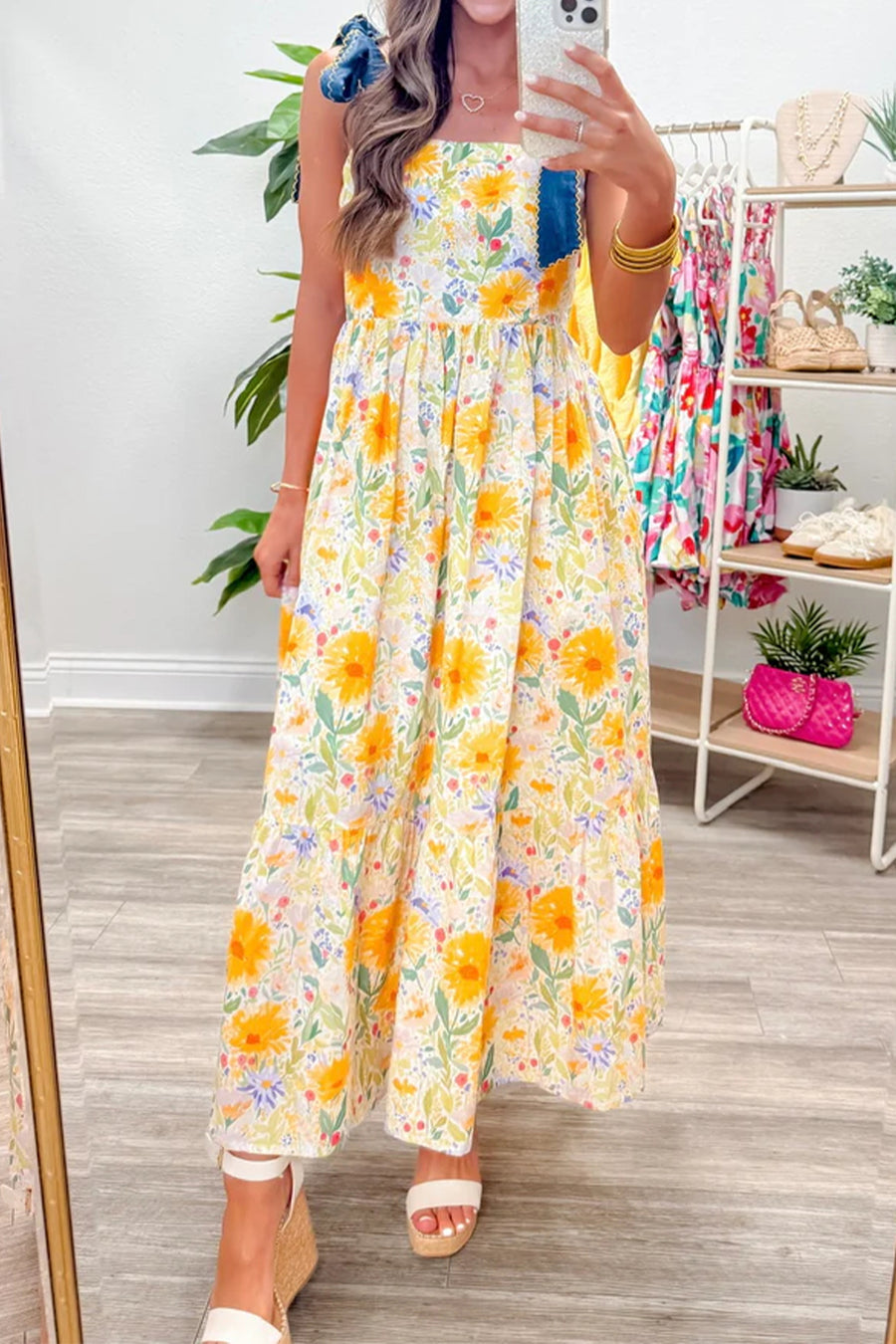 *Backorder* Floral Print Denim Straps High Waist Maxi Dress
