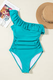 Solid Color Ruffle Trim One-Shoulder One-Piece Swimsuit- 3 Colors