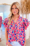 Rose Red Abstract Print Ruffle Sleeve V Neck Blouse