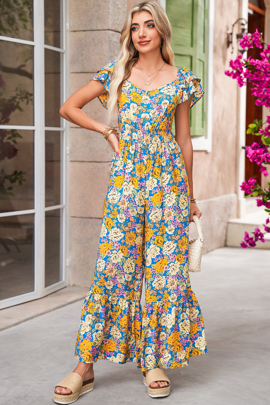 Yellow Floral Print Shirred Cut-Out High-Waist Jumpsuit