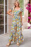 Yellow Floral Print Shirred Cut-Out High-Waist Jumpsuit