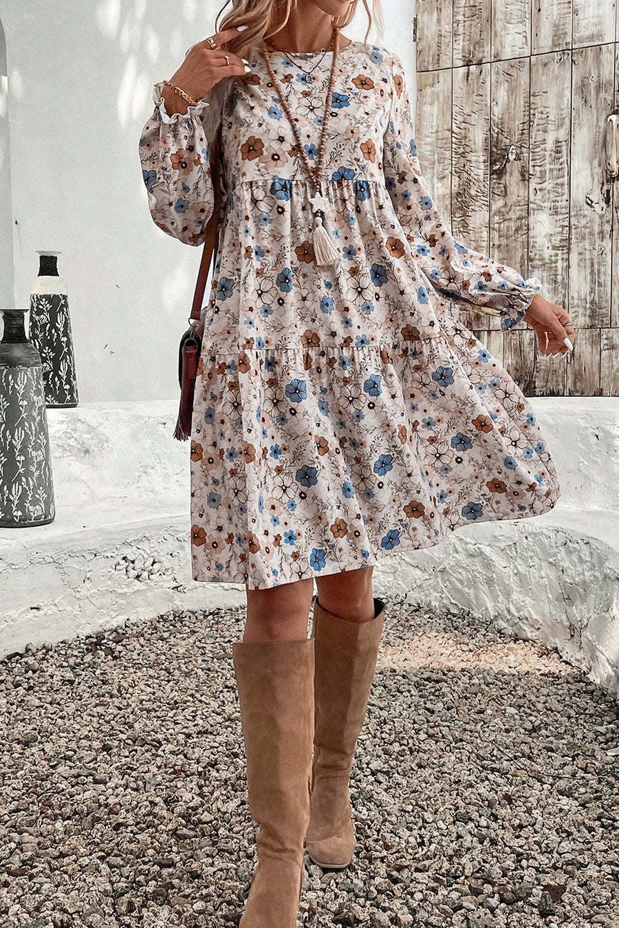 Khaki Floral Print Long Sleeve Tiered Mini Dress