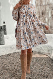 Khaki Floral Print Long Sleeve Tiered Mini Dress