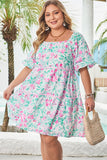 Plus Size White Floral Print Ricrac Trim Square Neck Mini Dress