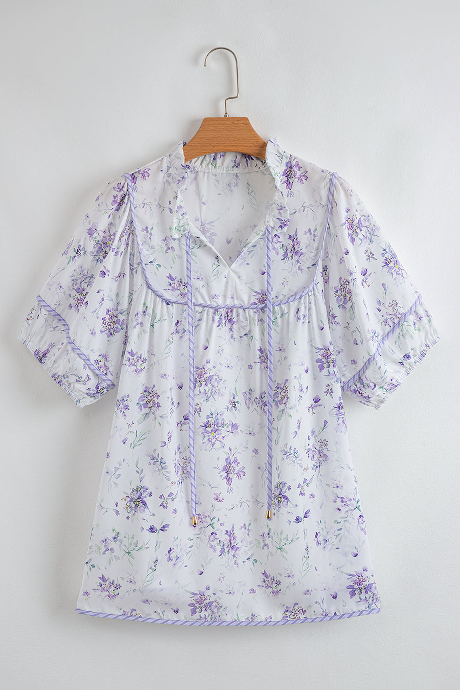 Plus Size Lavender Floral Frill V-Neck Blouse