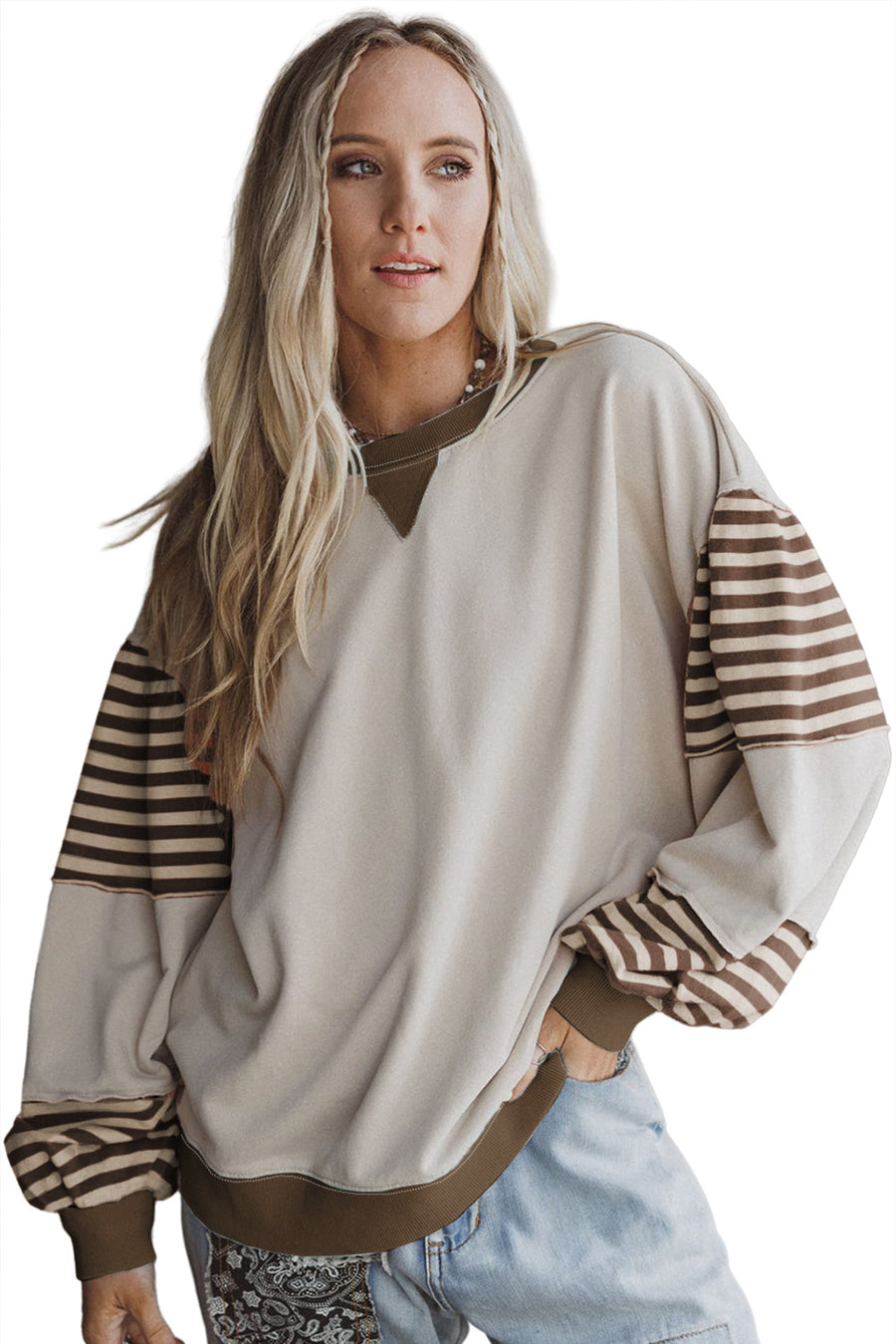 Color Block Patchwork Striped Sleeve Sweatshirt- 3 Colors