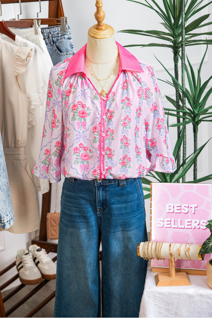 Bright Pink Bow Bouquets Collared Ruffled Short Sleeve Button-Up Blouse