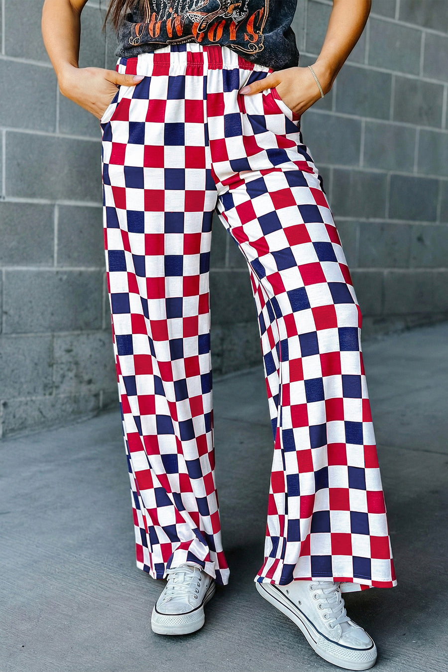 Red and Navy Checkered Print High Waist Wide Leg Pants
