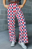 Red and Navy Checkered Print High Waist Wide Leg Pants