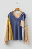 Blue Exposed Seam Color Block V-Neck Long Sleeve Top with Pocket