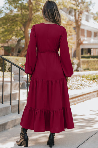 Solid Long Sleeve Button V-Neck Tiered Maxi Dress- 2 Colors