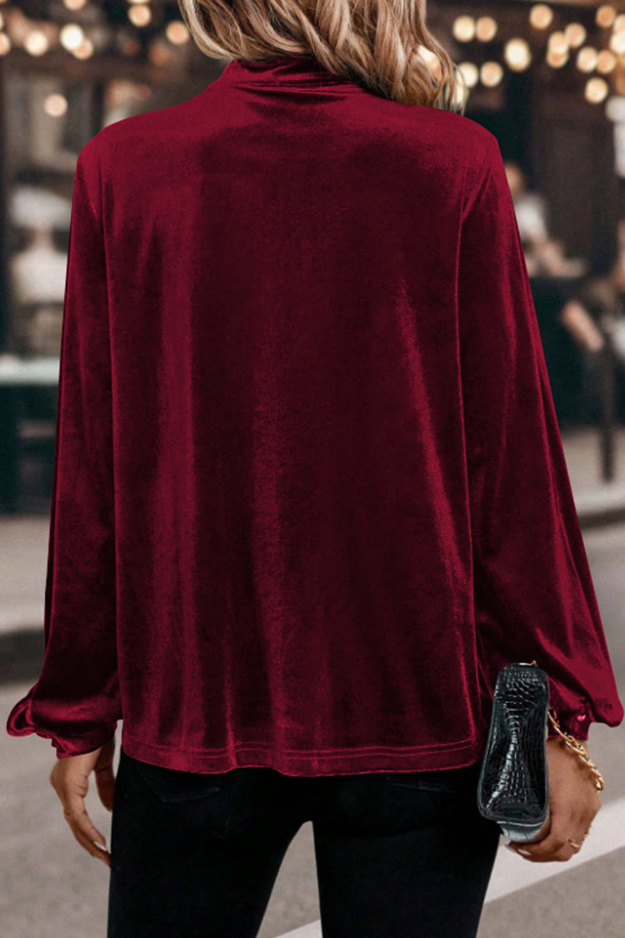 Velvet Asymmetric Button Keyhole Long Sleeve Blouse- 2 Colors
