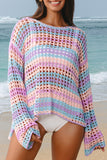 Openwork Side Slit Crew Neck Striped Cover-Up B- 2 Colors