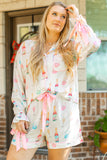 Plus Size White Wine & Heart Print Bow Decor Pajama Set