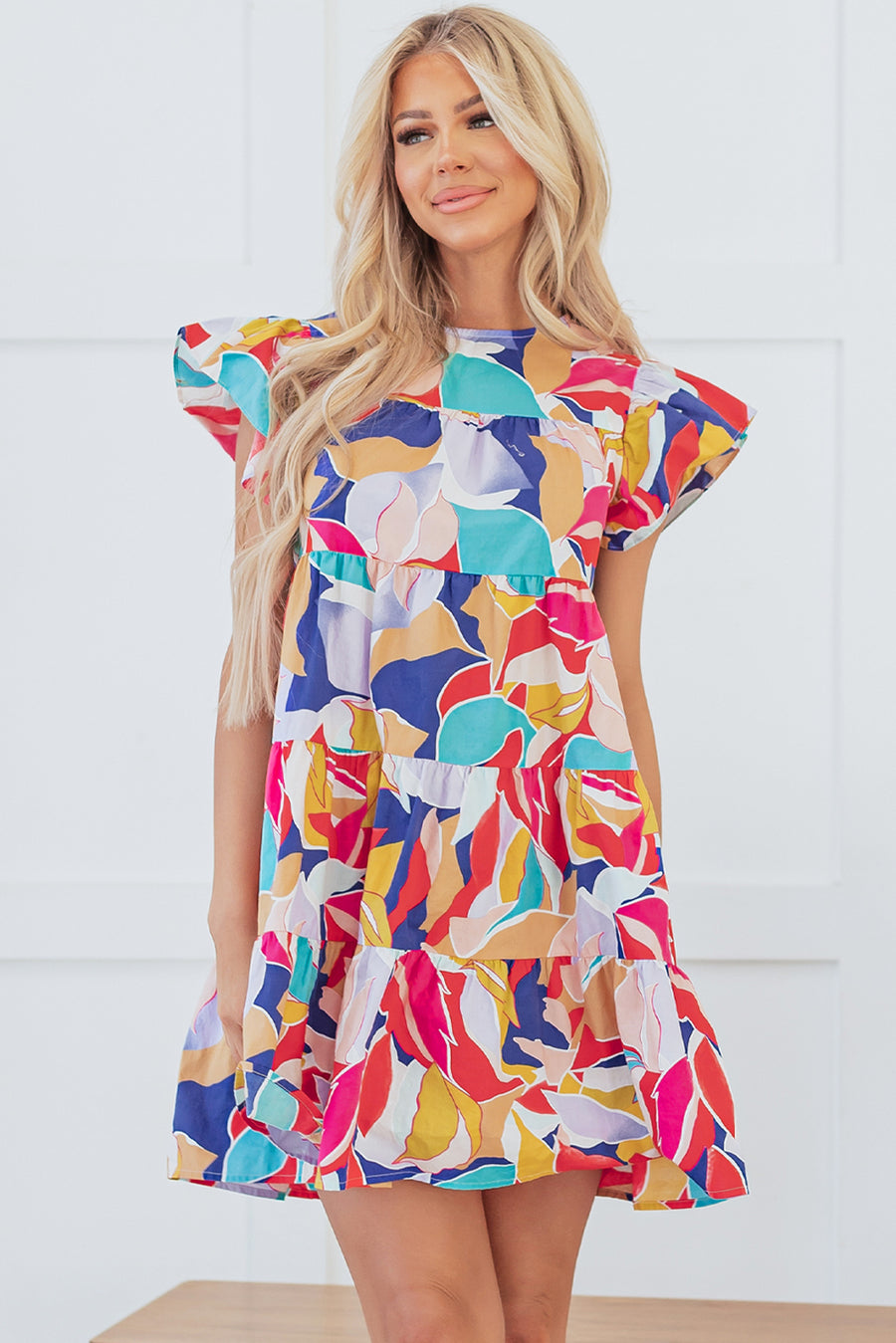 Abstract Print Flutter Sleeve Tiered Mini Dress