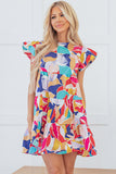 Abstract Print Flutter Sleeve Tiered Mini Dress