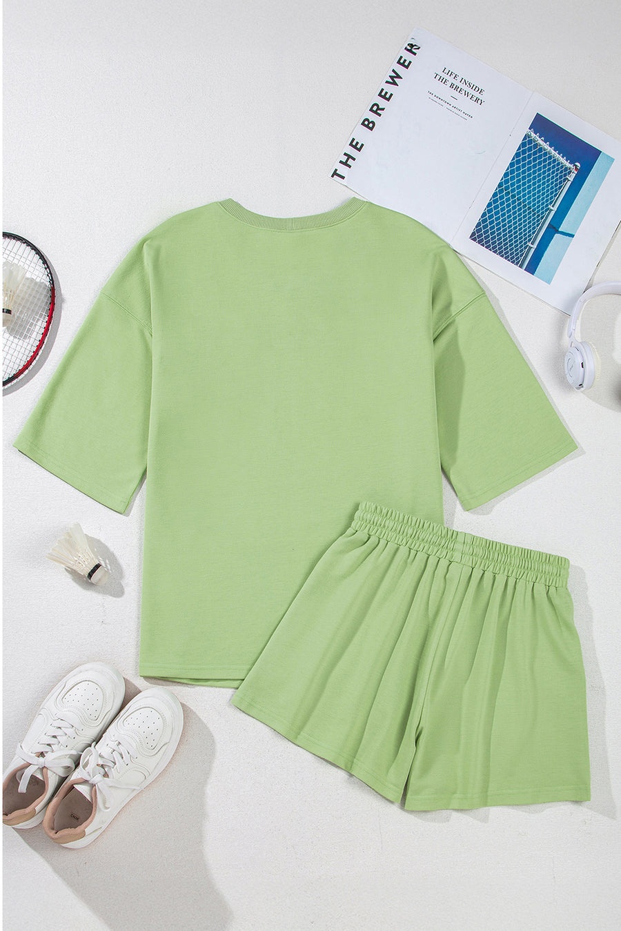 *Pre-Order* Plus Size Meadow Mist Green V-Neck Loose Fit T-Shirt & Shorts Set