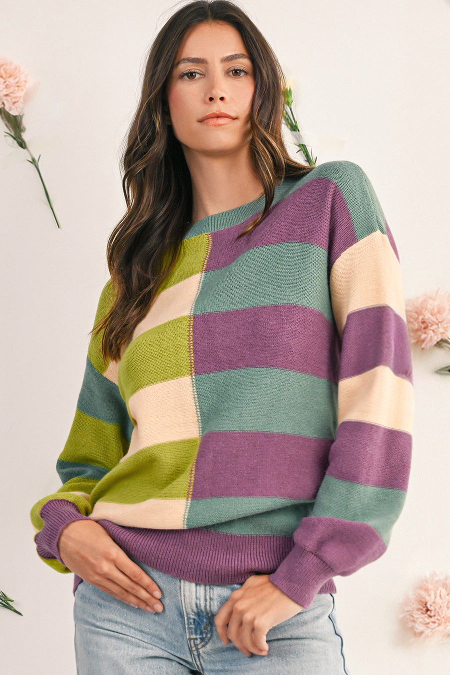 Striped Color Block Drop Shoulder Front Seam Sweater