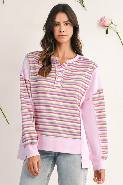 Pink Striped Patchwork Henley Sweatshirt