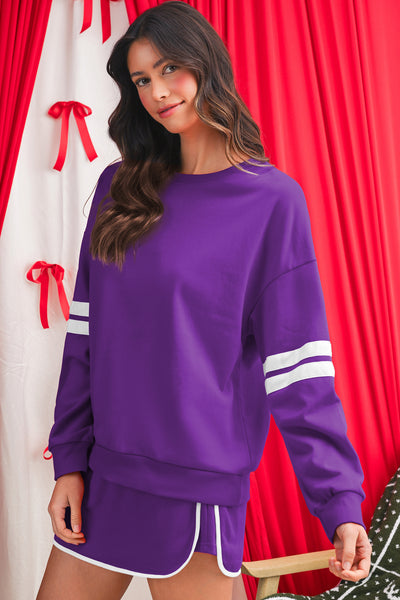 Tillandsia Purple Varsity Stripe Detail Drop Shoulder Pullover Mini Skort Set