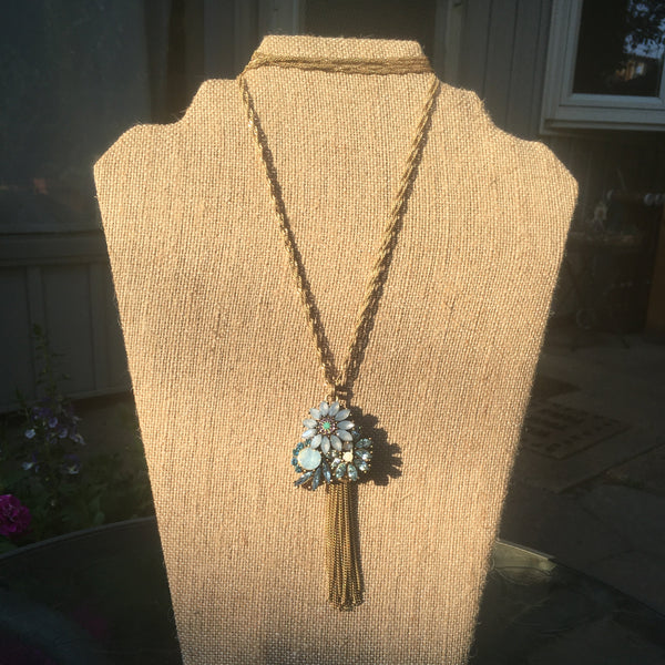 Burnished Gold Tone Rhinestone & Tassel Floral Pendant Necklace- Blue & White Opal