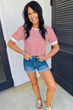 Red Striped Contrast Trim Crew Neck Short Puff Sleeve T-Shirt