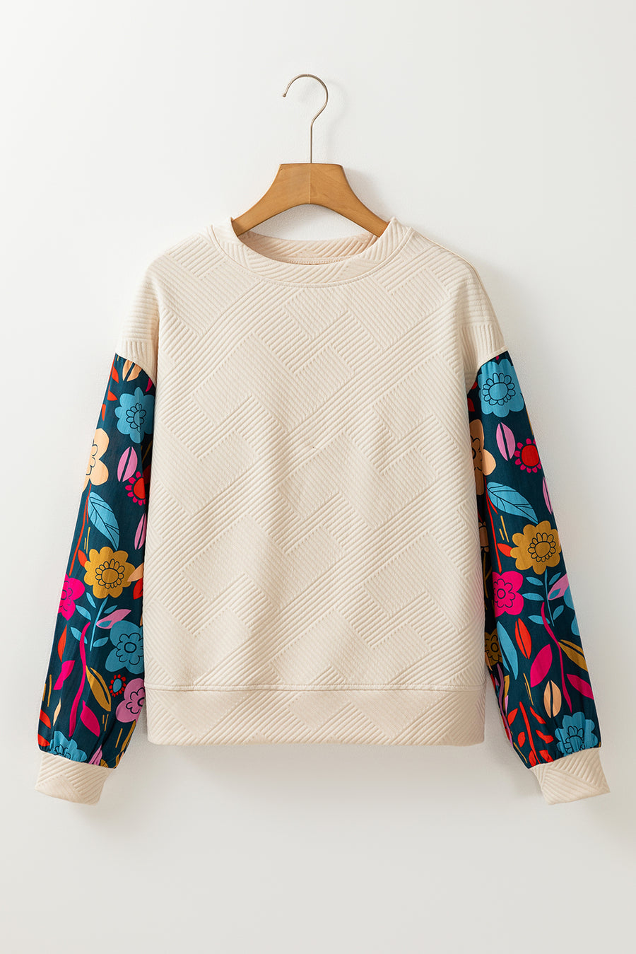 Floral Patchwork Sleeve Textured Sweatshirt