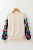 Floral Patchwork Sleeve Textured Sweatshirt