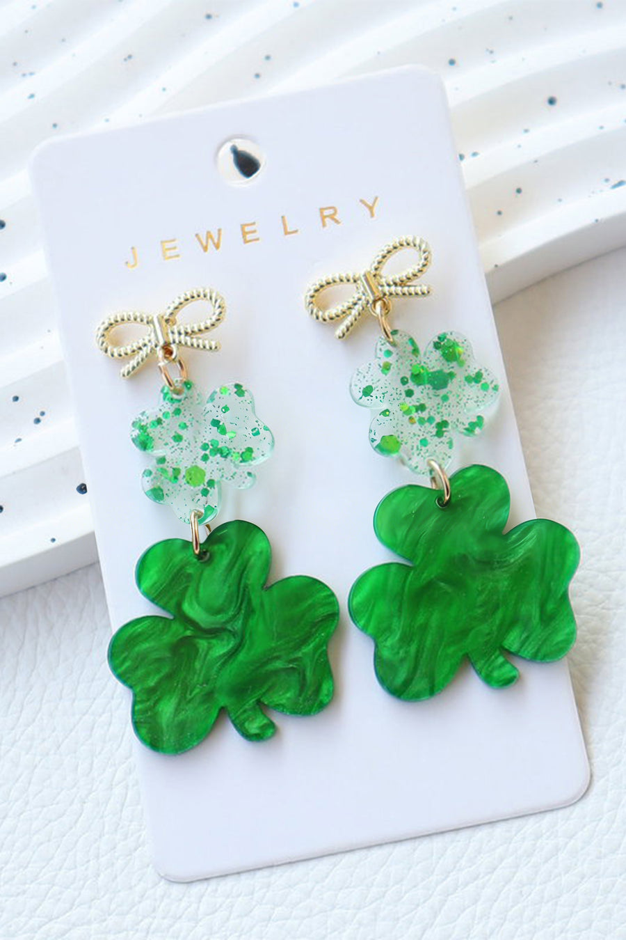 Green Double Clover & Bow Drop Post Earrings